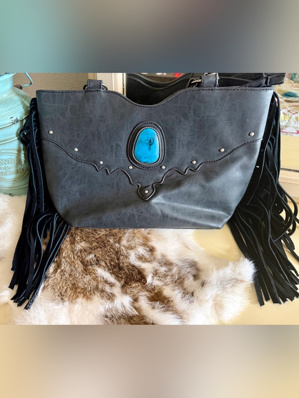 Justin Boots Black Shoulder Bag with Turquoise Accent